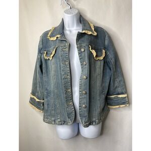 AMI Womens Jean Jacket Size Large Vintage 3/4 Sleeve Lace Trim Cottagecore Boho